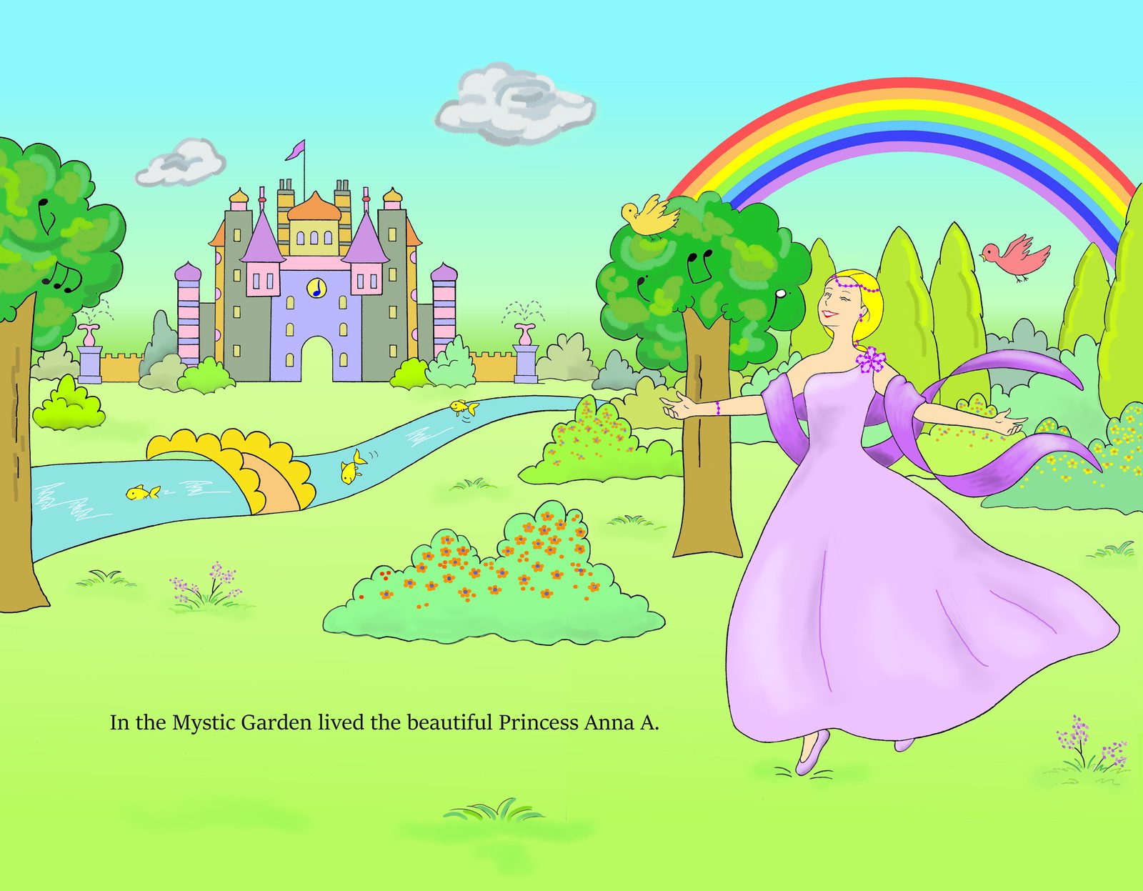 Princess Anna A. dancing in the Mystic Garden, with a castle, a rainbow, and singing trees